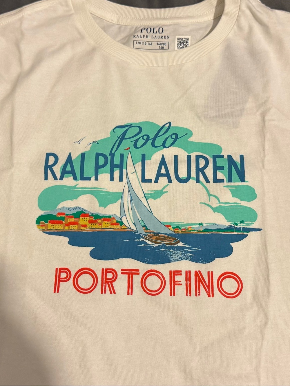 Ralph Lauren White Kids Sailboat Graphic Tee with Teal & Red Print